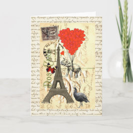 ヴィンテージゾウと赤いハートの風船 カード