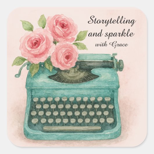 ヴィンテージタイプライターとピンクのバラの水色 スクエアシール (正面)