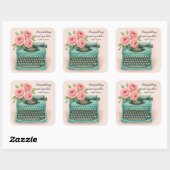 ヴィンテージタイプライターとピンクのバラの水色 スクエアシール (シート)