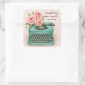 ヴィンテージタイプライターとピンクのバラの水色 スクエアシール (バッグ)