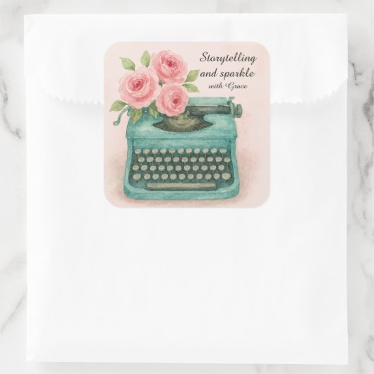 ヴィンテージタイプライターとピンクのバラの水色 スクエアシール (バッグ)