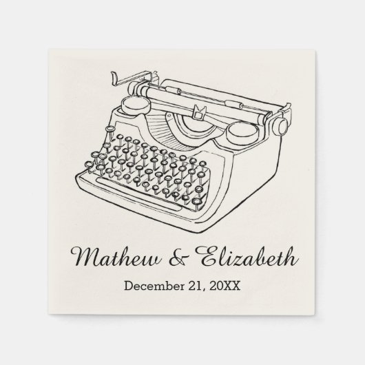 ヴィンテージタイプライターのカスタムウェディング スタンダードカクテルナプキン (正面)