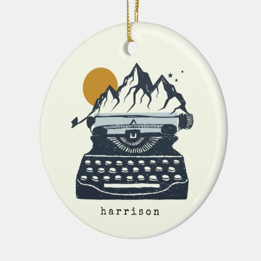 ヴィンテージタイプライターの山の風景名 セラミックオーナメント (左)