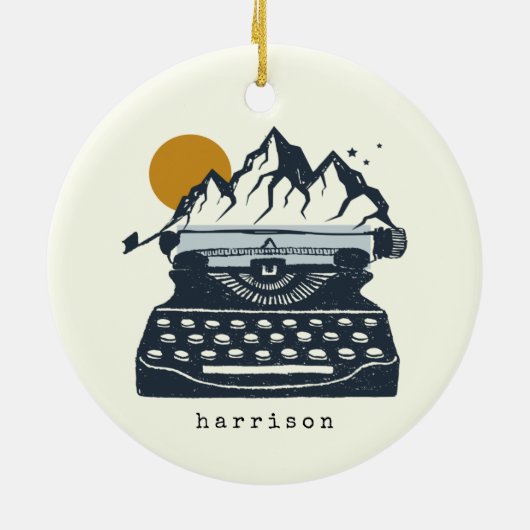 ヴィンテージタイプライターの山の風景名 セラミックオーナメント (裏面)