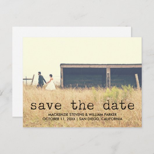 ヴィンテージタイプライター文字写真の保存日付 案内ポストカード (正面/裏面)