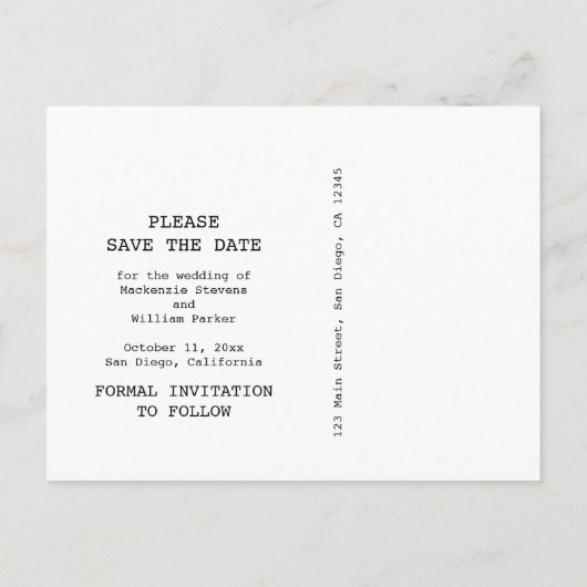 ヴィンテージタイプライター文字写真の保存日付 案内ポストカード (裏面)