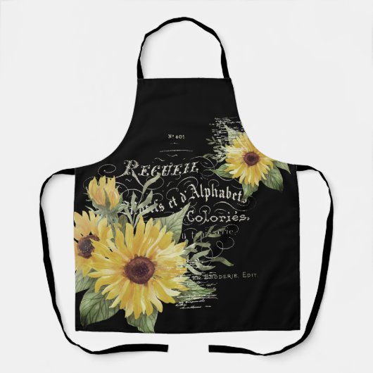 ヴィンテージタイポグラフィと黒のひまわり エプロン (正面)