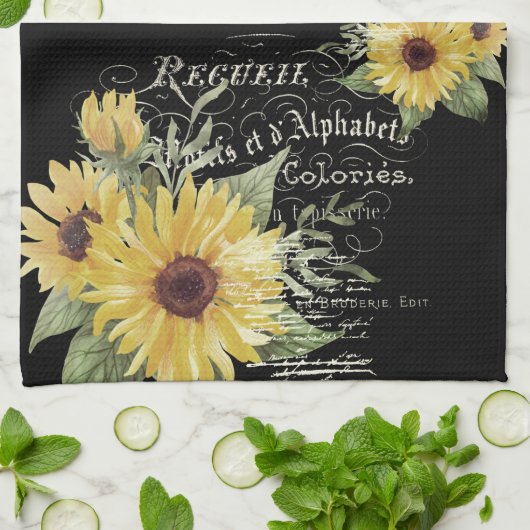 ヴィンテージタイポグラフィと黒のひまわり キッチンタオル (折り畳み)