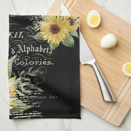 ヴィンテージタイポグラフィと黒のひまわり キッチンタオル (四つ折り)