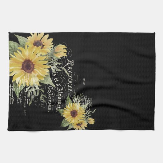 ヴィンテージタイポグラフィと黒のひまわり キッチンタオル (横)
