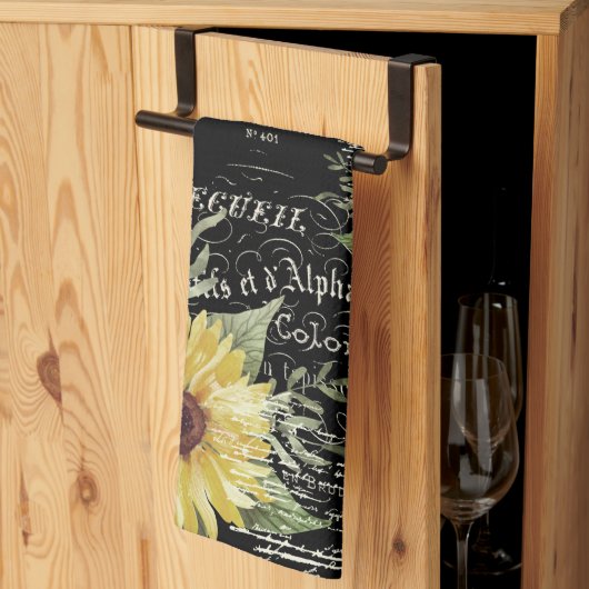 ヴィンテージタイポグラフィと黒のひまわり キッチンタオル (三つ折り)