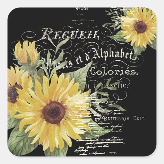 ヴィンテージタイポグラフィと黒のひまわり スクエアシール (正面)