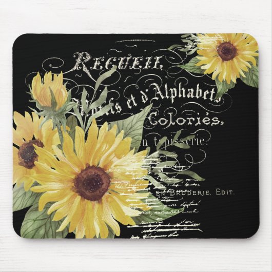 ヴィンテージタイポグラフィと黒のひまわり マウスパッド (正面)