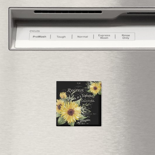 ヴィンテージタイポグラフィと黒のひまわり マグネット (インサイチュ (食洗機))