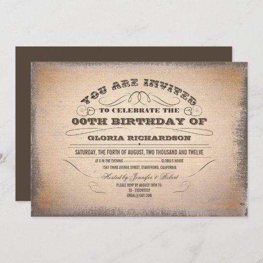 ヴィンテージタイポグラフィの古い誕生日招待状 招待状 (正面/裏面)