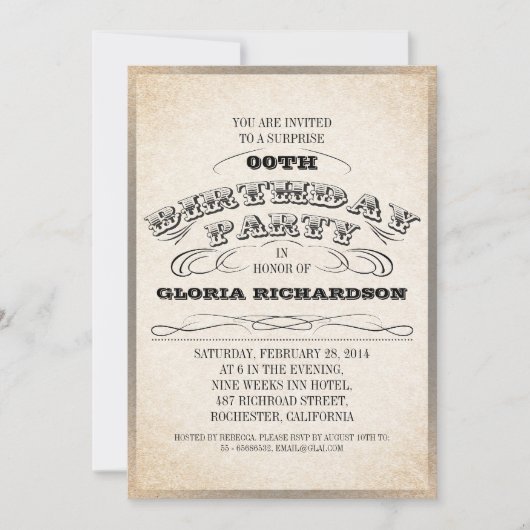ヴィンテージタイポグラフィバースデーパーティ招待状 招待状 (正面)