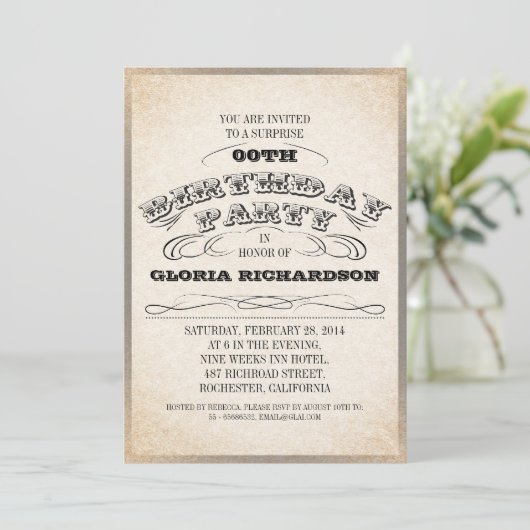 ヴィンテージタイポグラフィバースデーパーティ招待状 招待状 (スタンド正面)