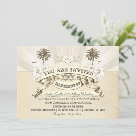 ヴィンテージタイポグラフィビーチ結婚式招待状 招待状 (スタンド正面)