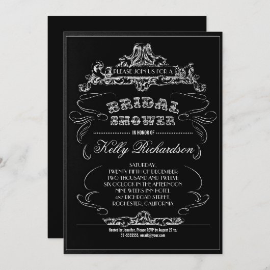 ヴィンテージタイポグラフィブラックブライダルシャワー招待状 招待状 (正面/裏面)