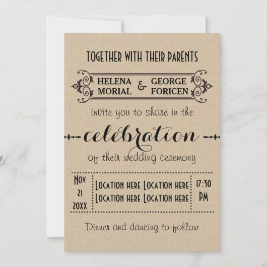 ヴィンテージタイポグラフィベージュ工芸紙結婚ズ 招待状 (正面)
