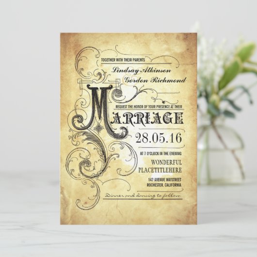 ヴィンテージタイポグラフィ旧結婚式招待状 招待状 (スタンド正面)