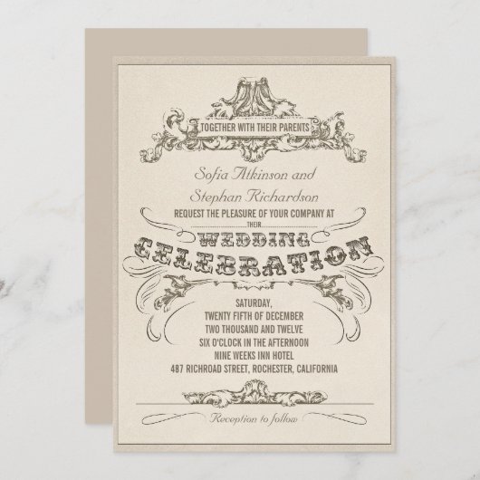 ヴィンテージタイポグラフィ老化デザイン結婚式招待状 招待状 (正面/裏面)