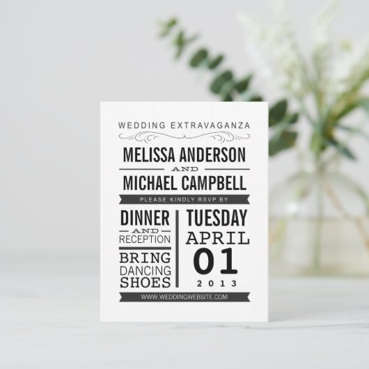 ヴィンテージタイポグラフィRSVPはがき インビテーションポストカード (スタンド正面)