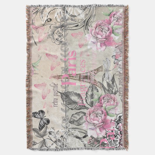 ヴィンテージタイポブラックピンクフローラパリエッフェルタワー スローブランケット (正面縦)