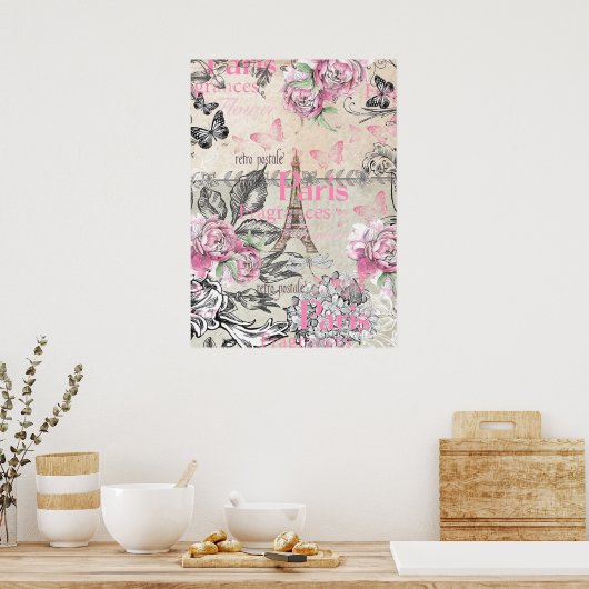 ヴィンテージタイポブラックピンクフローラパリエッフェルタワー ポスター (キッチン)