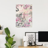 ヴィンテージタイポブラックピンクフローラパリエッフェルタワー ポスター (ホームオフィス)