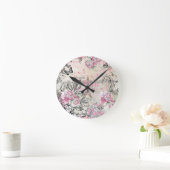 ヴィンテージタイポブラックピンクフローラパリエッフェルタワー ラウンド壁時計 (ホーム)