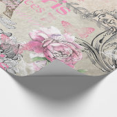 ヴィンテージタイポブラックピンクフローラパリエッフェルタワー ラッピングペーパー (角)