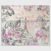 ヴィンテージタイポブラックピンクフローラパリエッフェルタワー ラッピングペーパー (フラット)