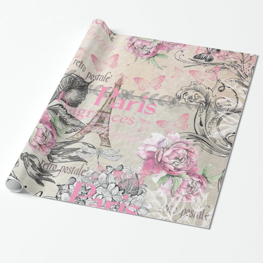 ヴィンテージタイポブラックピンクフローラパリエッフェルタワー ラッピングペーパー (アンロールド)
