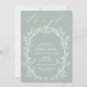 ヴィンテージタイムレスフローラグリーンガールベビーシャワー 招待状 (正面)