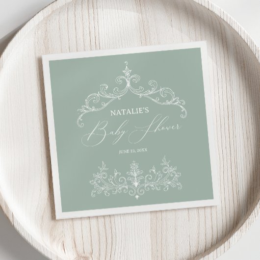 ヴィンテージタイムレスフローラグリーンベイビーシャワーナプキン スタンダードカクテルナプキン