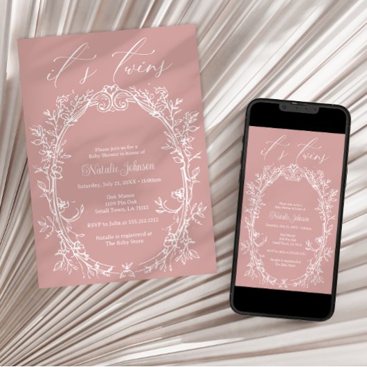 ヴィンテージタイムレスフローラピンクツインズベビーシャワー 招待状
