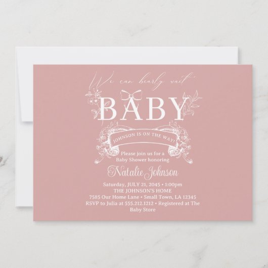 ヴィンテージタイムレスフローラピンク赤ちゃんシャワー 招待状 (正面)