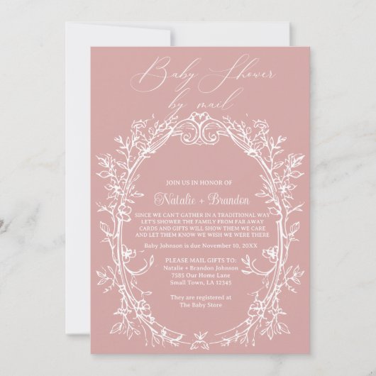 ヴィンテージタイムレスフローラピンクbyメール赤ちゃんシャワー 招待状 (正面)