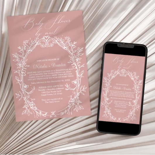 ヴィンテージタイムレスフローラピンクbyメール赤ちゃんシャワー 招待状