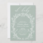 ヴィンテージタイムレスフローラフレームグリーンベビーシャワー 招待状 (正面)