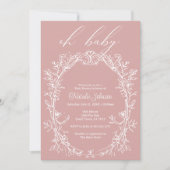 ヴィンテージタイムレスフローラフレームピンク赤ちゃんシャワー 招待状 (正面)
