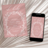 ヴィンテージタイムレスフローラフレームピンク赤ちゃんシャワー 招待状