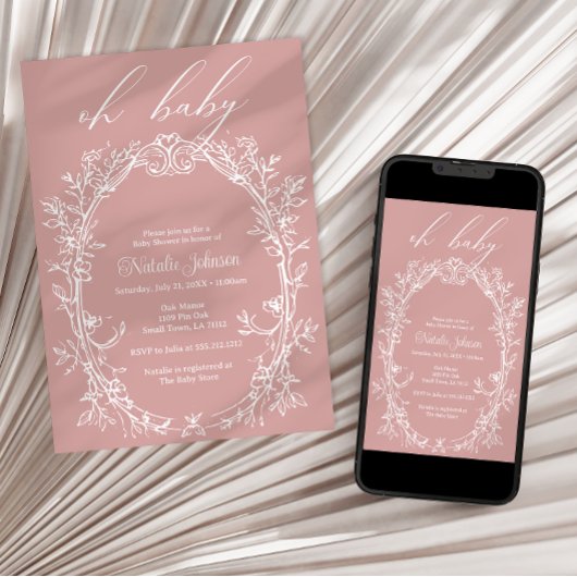 ヴィンテージタイムレスフローラフレームピンク赤ちゃんシャワー 招待状