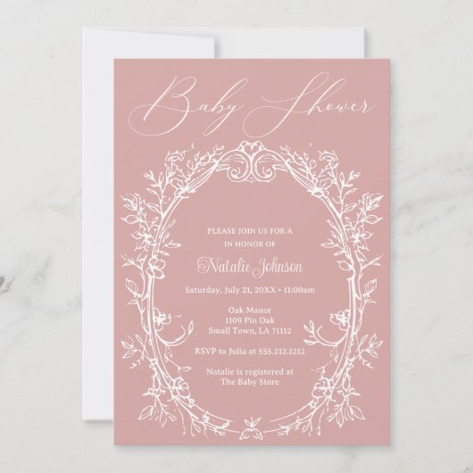 ヴィンテージタイムレスフローラフレーム赤ちゃんシャワー 招待状 (正面)