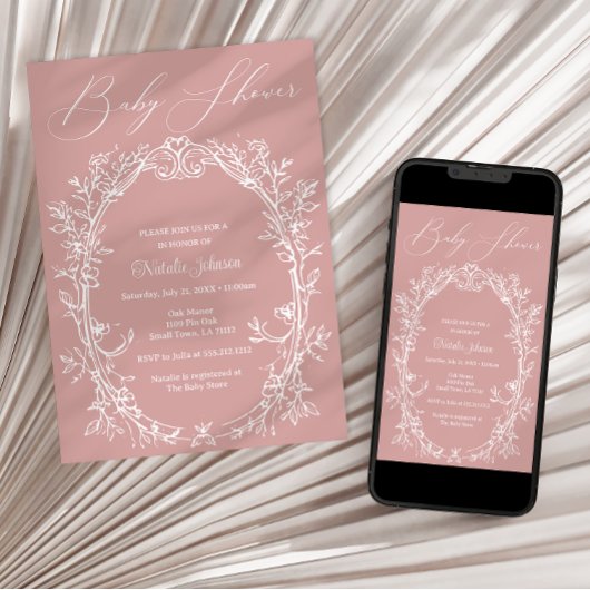 ヴィンテージタイムレスフローラフレーム赤ちゃんシャワー 招待状