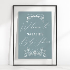 ヴィンテージタイムレスフローラブルーベビーシャワー記号 ポスター
