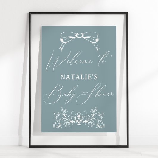ヴィンテージタイムレスフローラブルーベビーシャワー記号 ポスター