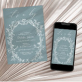 ヴィンテージタイムレスフローラブルーボーイベビーシャワー 招待状