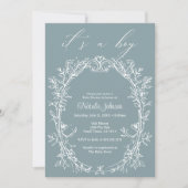 ヴィンテージタイムレスフローラブルーボーイベビーシャワー 招待状 (正面)